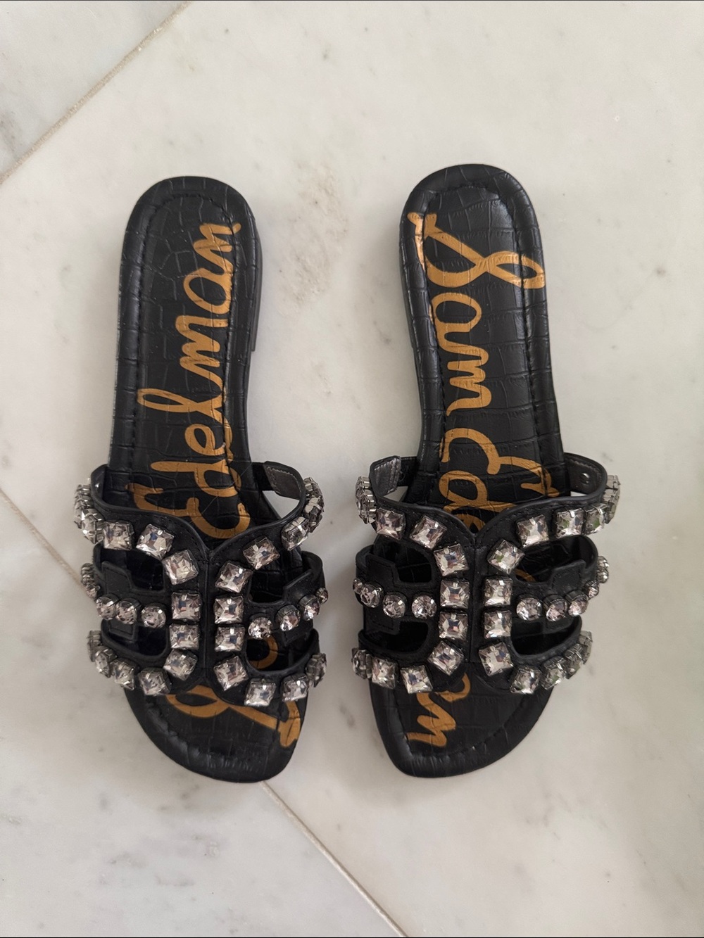 Sam Edelman Slip on Black Sandals with Gem Embellishments. Size 8M - Picture 7 of 8